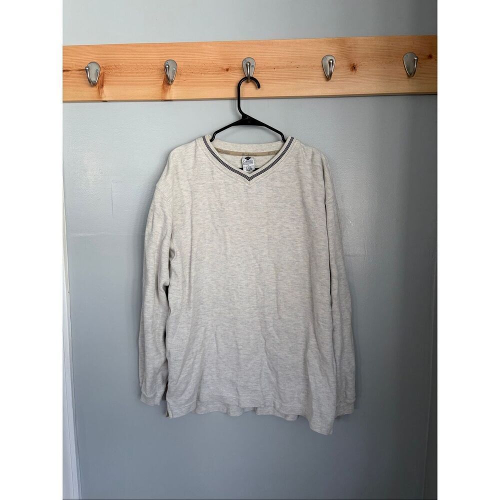 Vintage Columbia Thermal Knit V-Neck Pullover Striped Collar Cotton Size L